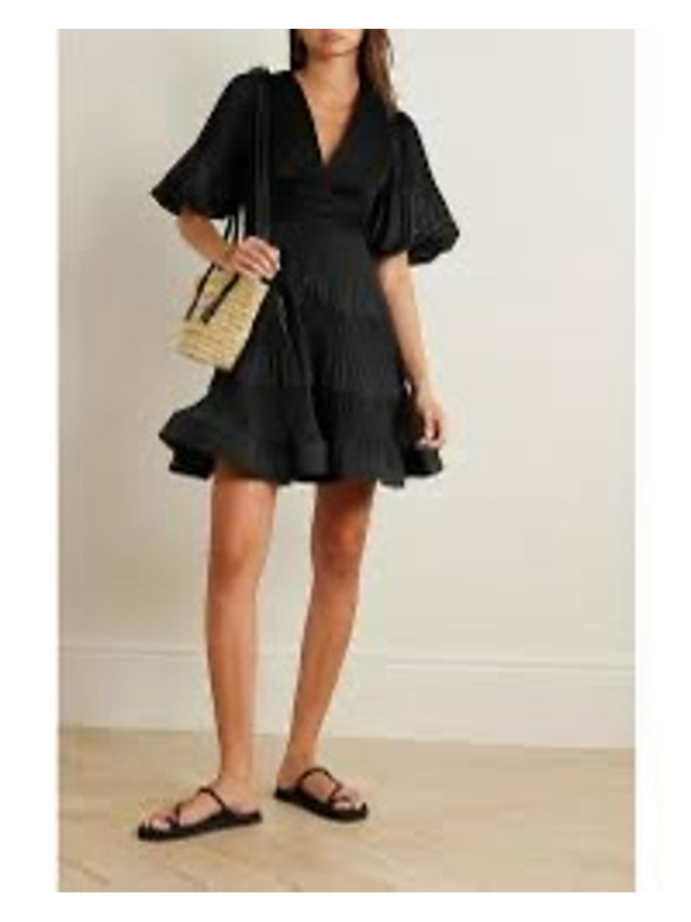 Anthropologie STORIA Black Tiered Puff Sleeve V Neck Mini Dress Size M Mystical